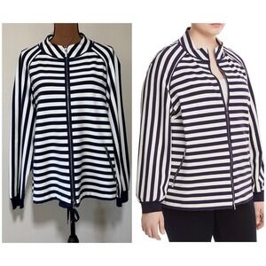 Lafayette 148 NY Two-Way Zipper Blue/White Striped Jacket Sz XL Pockets Nautical